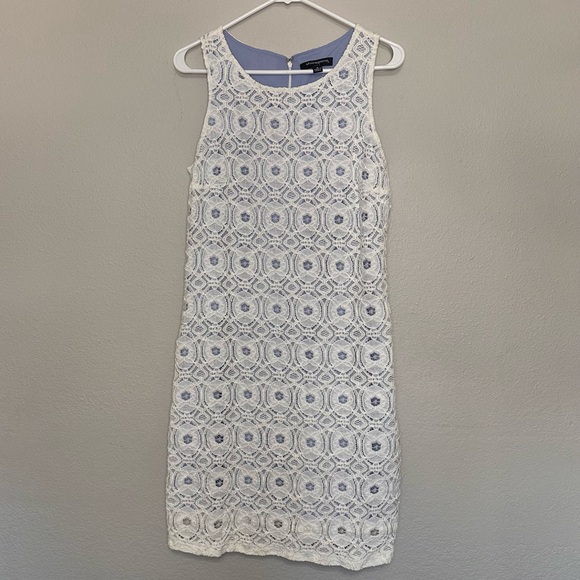 Sharagano Dresses & Skirts - Sharagano White Cottagecore Crochet Lace Dress with Light Blue Lining